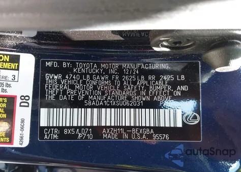 2025 Lexus Es 300H из США, поврежденный, VIN 58ADA1C1XSU062031